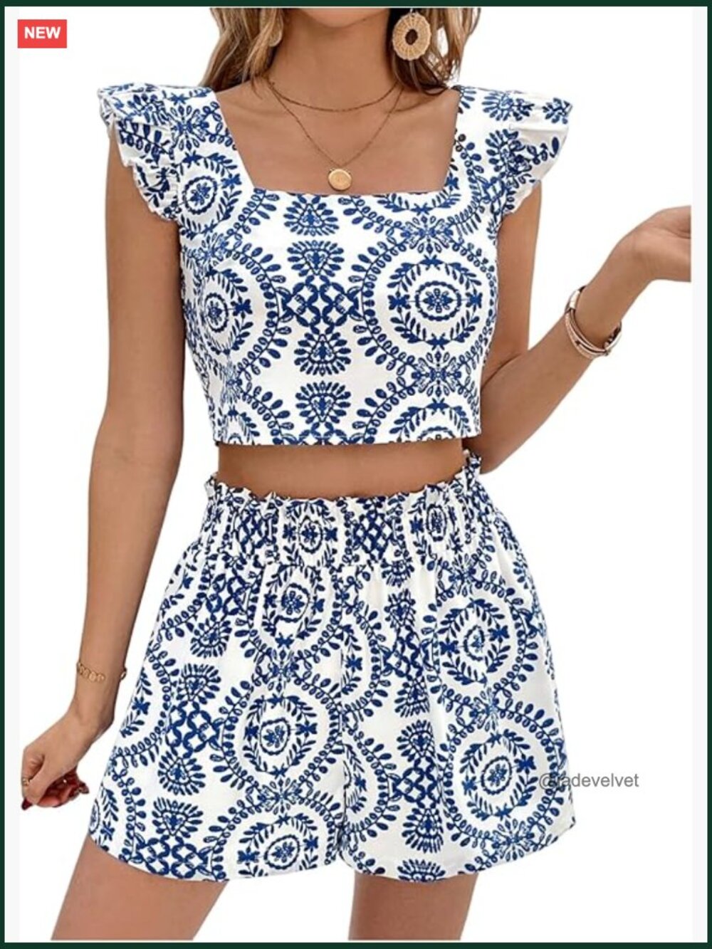 2 Piece Crop Top and Shorts Set with Ruffle Sleeves